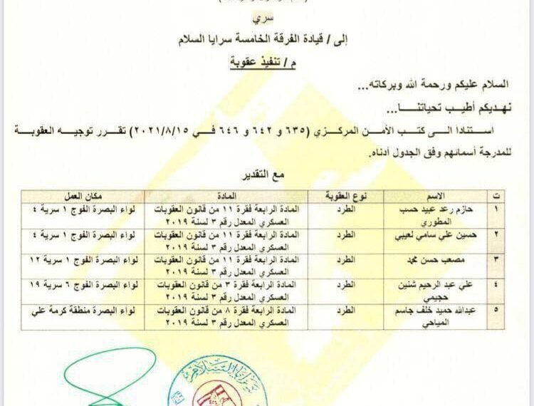 سرايا السلام تعلن طرد 5 مقاتلين وفق قانون العقوبات العسكرية